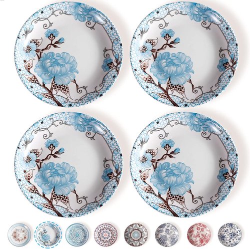 Artena Pasta Bowls Set - 20oz Porcelain Salad Bowls | 8-Inch Colorful Dinner Plates in Blue Peony