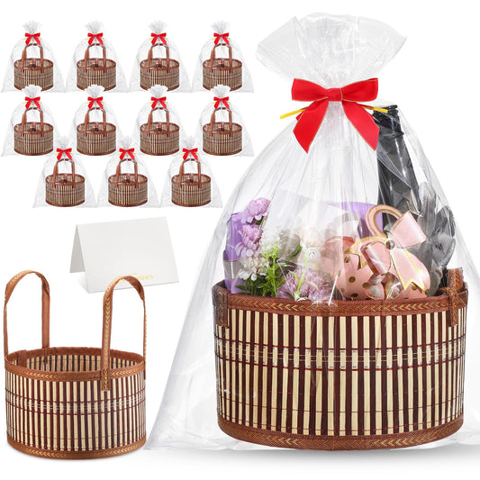 Weysat 12 Set Baskets for Gifts Empty Graduation DIY Bulk Large Woven Bamboo Gift Basket Kit with Handle Bow Wrap Bag to Fill for Father's Day Wedding Birthdays Party Wrapping (Brown)
