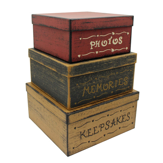 CVHOMEDECO. Primitive Vintage Square Photos, Memories, Keepsakes Cardboard Nesting Boxes, Large 11 X 11 X 5-1/2 Inch. Set of 3.