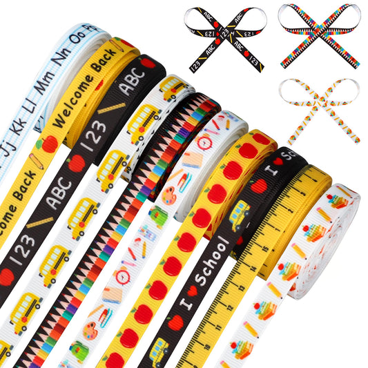 10 Rolls Back to School Grosgrain Ribbon 3/8 Inch Welcome School Ribbons School Bus Pencil Apple ABC Pattern Fabric Decorative Craft Ribbon for DIY Crafts Teacher Appreciation Gifts Wrapping, 60 Yards