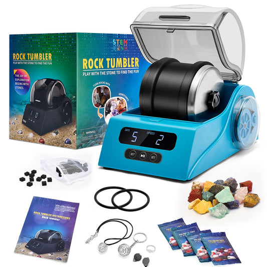Rock Tumbler Kit Adults - Rock Polisher Tumbler with Noise Reduction Cover, Speed&Timer Control, Includes 4 Polishing Grits, Rough Gemstones, Learning Guide etc.（Blue）