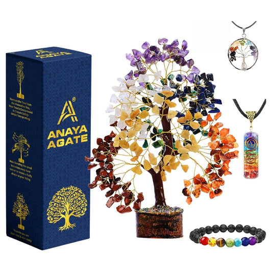 ANAYA AGATE 7 Chakra Healing Crystal Tree Kit, Bracelet, Pendant, Necklaces, Handmade Gemstone Money Bonsai Tree of Life Feng Shui Decor for Home Office, Positive Energy, Reiki Healing Gifts for Women