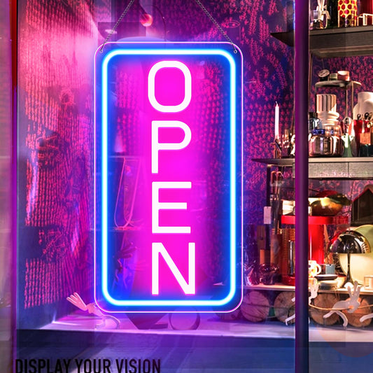 ROLANCHE Open Signs for Business, 16"x 9" LED Neon Open Sign with ON/OFF Switch adapter, Ultra Bright and Eye-catching Vertical Open Light Up Sign for Window, Wall, Store, Shop, Blue/Pink