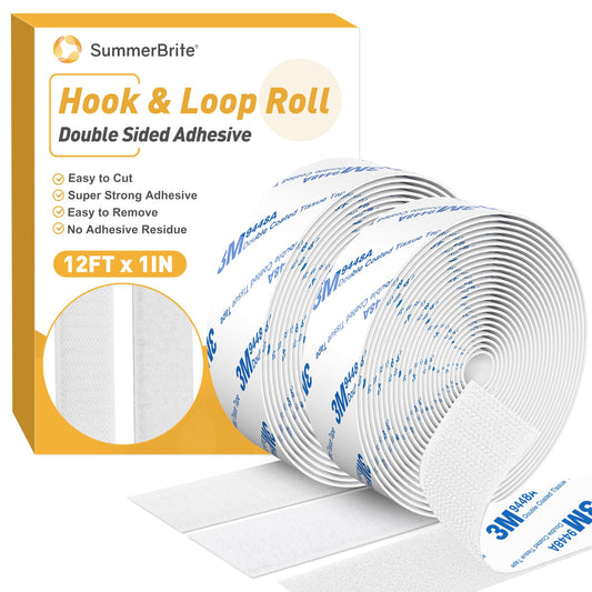 12Ft x 1 Inch Hook and Loop Tape, Heavy Duty Double-Sided Adhesive Strips, Strong Sticky Back Fastener, Cuttable Interlocking Tape Fasteners for Home, Office, Car, School & DIY Crafts (White)