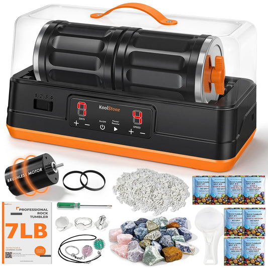 KoolStone C1 Pro Ultra Brushless Rock Tumbler Kit - Dual Barrel 7LB Capacity with Noise-Reducing Cover, Ultra Quiet Professional Rock Polisher with Full Accessories, Perfect STEM Gift for All Age