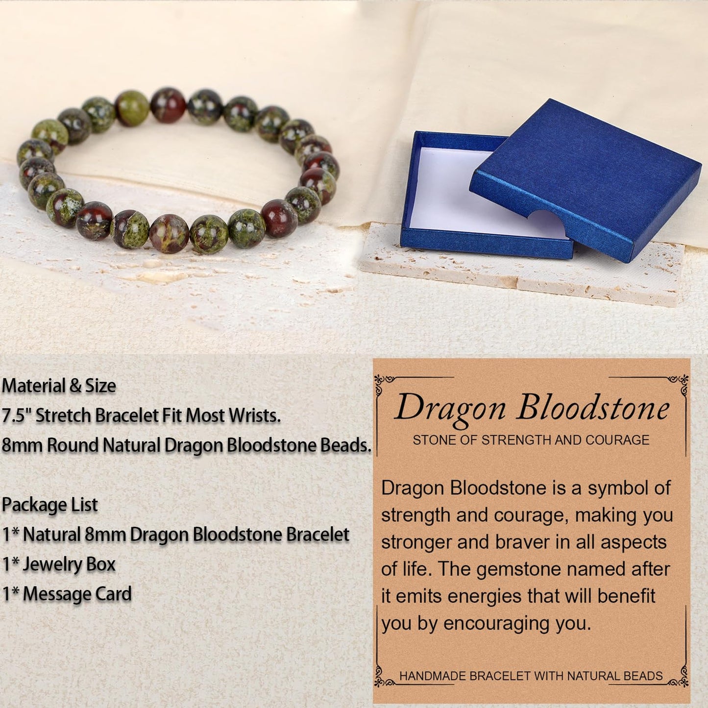 LPBeads Handmade Natural Gemstone Stretch Elastic 8mm Dragon Bloodstone Bracelet Healing Crystal Round Stone Beads Jewelry Gifts for Women Men