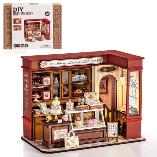ROBOTIME DIY Miniature House Kit, Mini Wooden Dollhouse Kit for Adults, Building Kit with LED Light, Diorama Model,Halloween/Christmas/Birthday Gifts for Family/Friends (Honey Dessert Talk)
