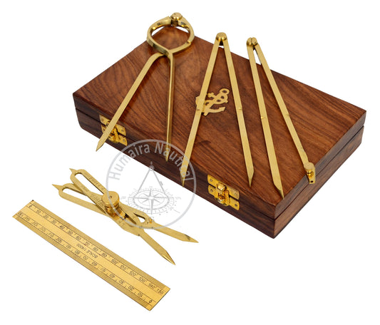 Humaira Nautical Proportional Divider Set of 5, Full Brass dividers with Executive Wooden Box, Single Handed 8" Brass Navigational Dividers Compass Set for Maritime, Naval, Geometry and Drafting