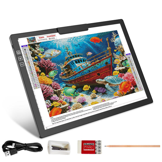 HIUKCOLED Rechargeable A4 Light Pad, Battery Powered Light Board with Top Clip＆Stand, Stepless Dimmable＆6-Level Brightness Adjustable, Wireless LED Tracing Box for Diamond Painting,Drawing,Sketching