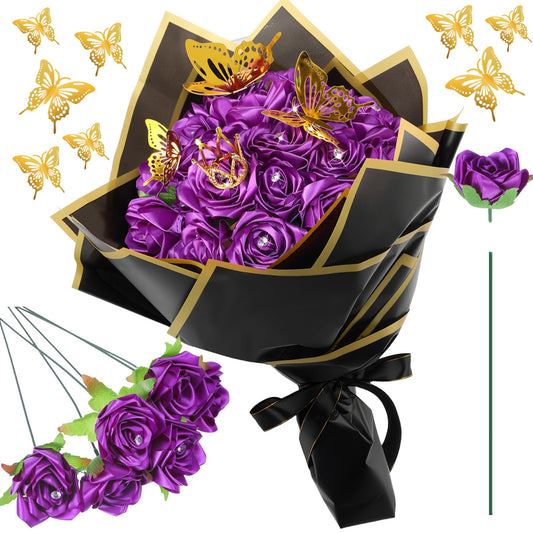 Riceshoot 25 Sets Ribbon Rose Bouquet DIY Fake Roses with Stems Faux Flowers Bouquet Kit Wrapping Paper Crown 3D Butterflies for Graduation Anniversary Birthday Wedding Gift(Purple)