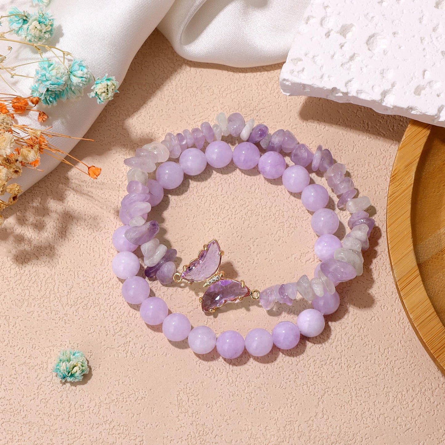GolbalJew Purple Jade Stone Bracelet for Women Healing Crystal Stone Butterfly Charms Bracelets Gemstone Beads Stretch Bracelet Jewelry Women Gift