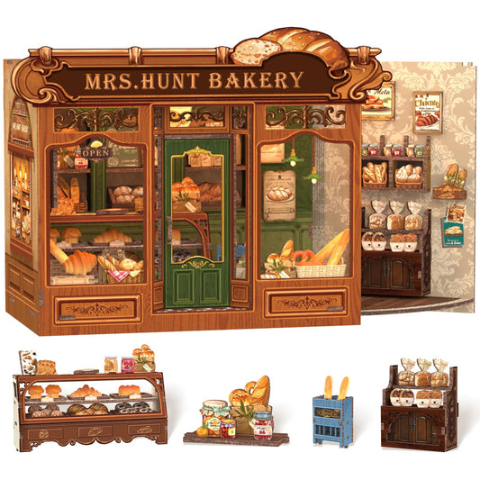 Cutefun Book Nook Kit - DIY Miniature Bread Shop Booknook Kits for Adults and Teens, 3D Wooden Puzzle Bookend Bookshelf with LED Light, Creative Crafts Gifts for Book Lovers (Mrs.Hunt Bakery)