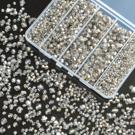 1550PCS Bicone Crystal Glass Beads Set for Jewelry Making, 3mm 4mm 6mm 8mm Sparkling Faceted Beads Sorted by Size for Bracelets, Necklaces, Suncatchers & DIY Crafts(Grey)
