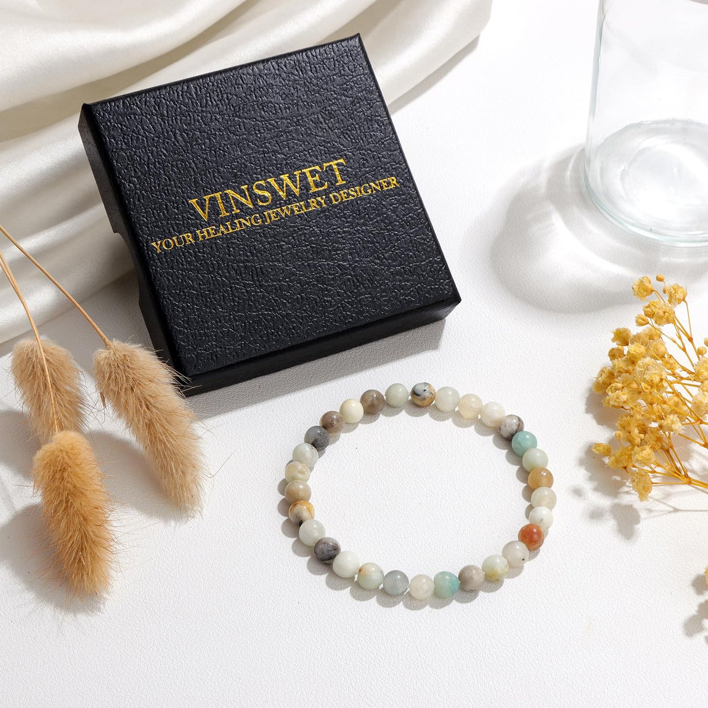 Vinswet Healing Crystal Bracelets for Women Men 6mm Amazonite Natural Stone Beaded Stretch Bracelet Handmade Gemstone Reiki Spiritual Jewelry Gifts