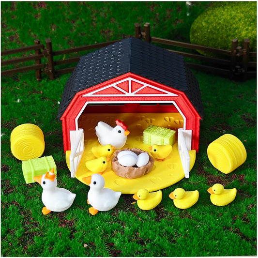 AQXYTK 3D Printed Miniature Chicken Coop Farm Playset, 18 Pcs Farm Decor Kit with Barnyard, Hens, Chicks, Eggs & Nests for Fairy Gardens, DIY Mini Landscapes & Party Decor