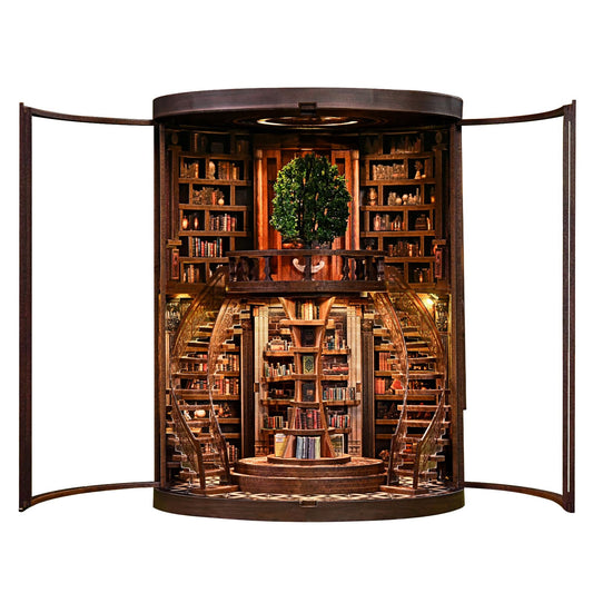 Havefunfun Wisdom Tree Library Book Nook Kit, DIY 3D Wooden Puzzle with Rotating Staircase, LED Light & Dust Cover, Premium Solid Wood Bookend, Vintage Decor, Creative Gift for Adults & Book Lovers
