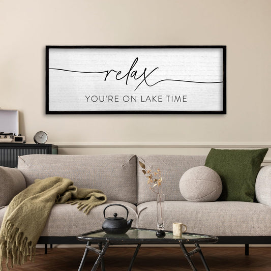 TQianJiang Relax You're On Lake Time Wall Decor 32"×12" Lakeside Quote Sign Lake House Decor for Living Room Bedroom Large Rustic Wooden Framed Wall Hanging Art (Black)