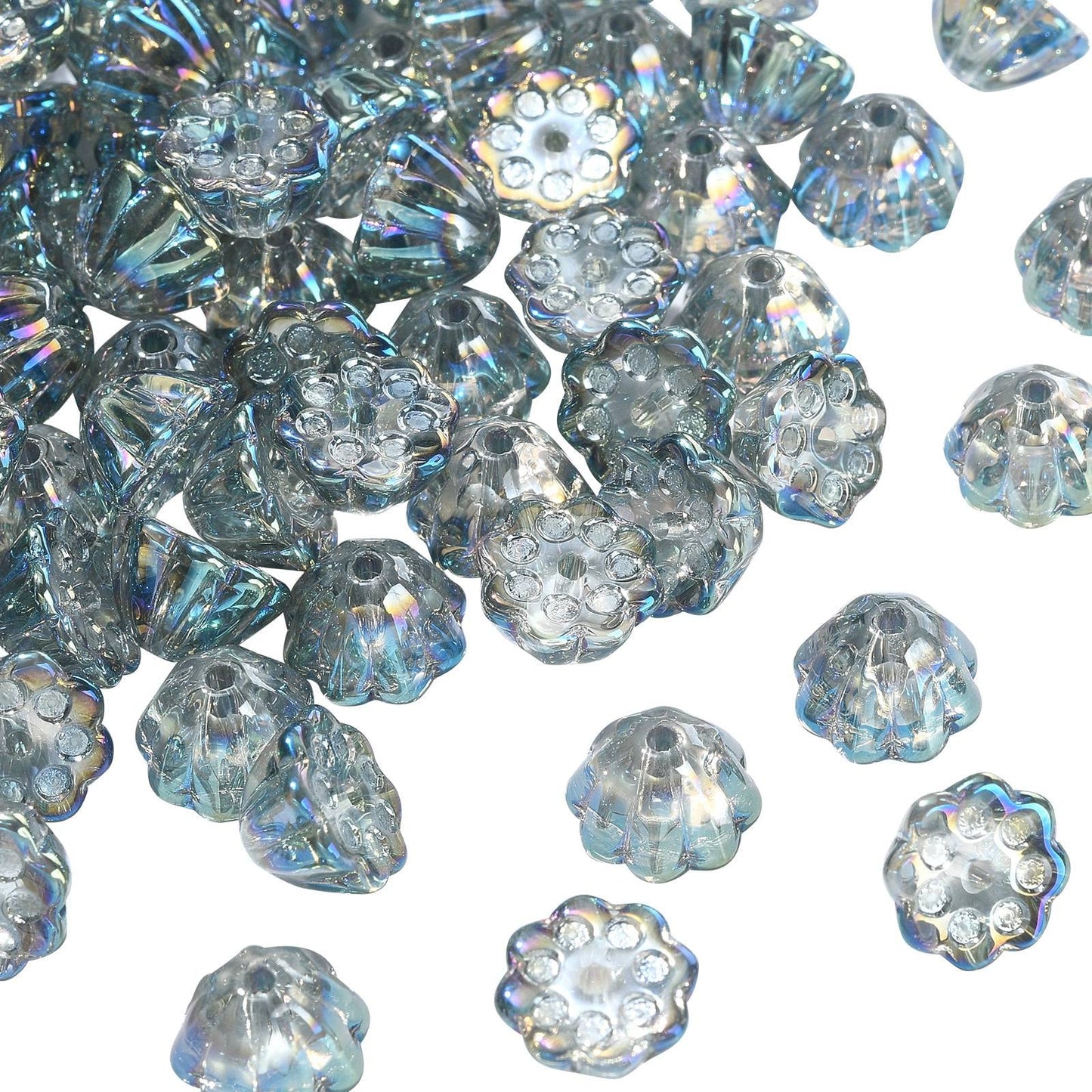 LiQunSweet 100 Pcs Transparent Crystal Glass Beads AB Color Plated Flower Lotus Pod Beads for Jewelry Making Bracelets Necklace Earrings