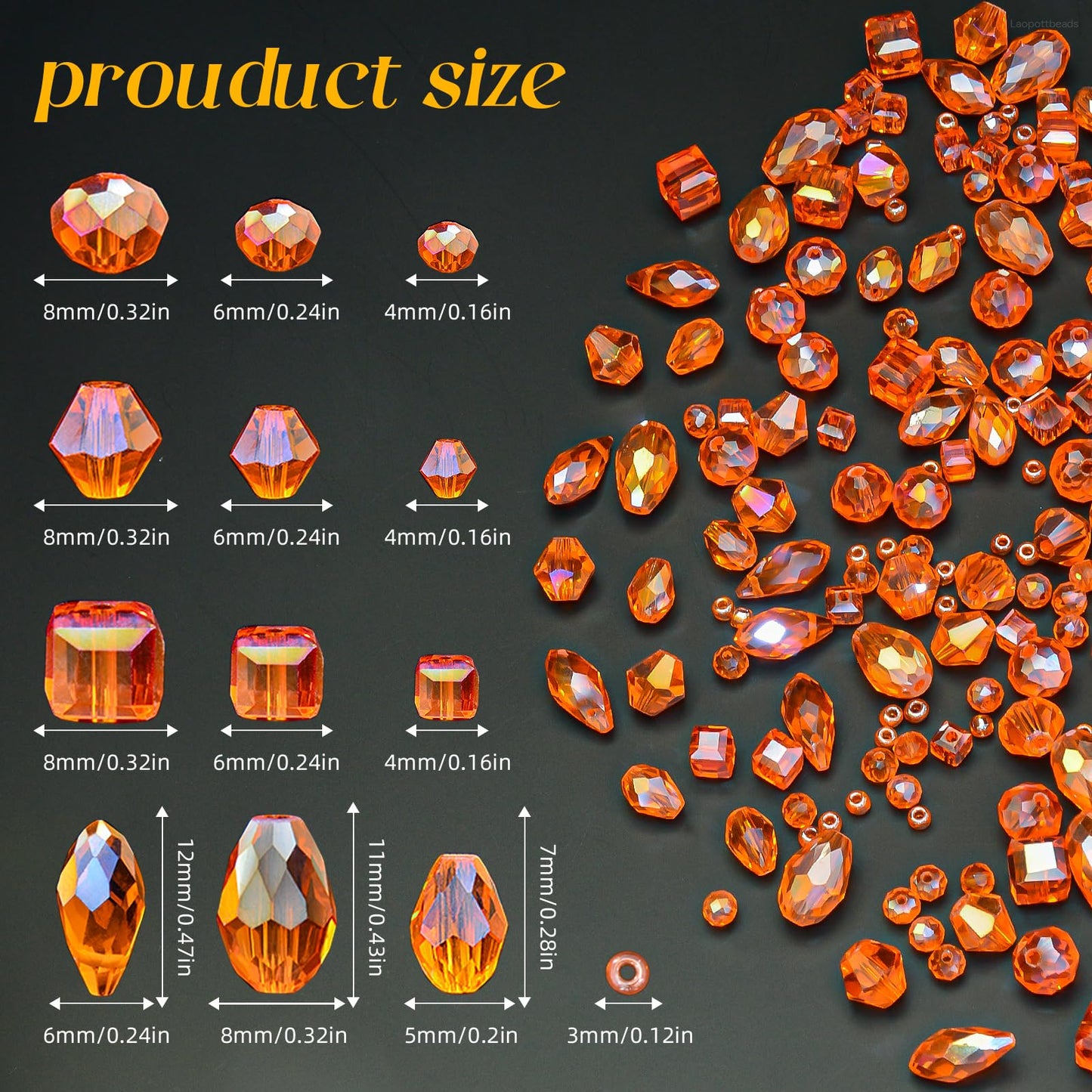 Laopottbeads 1500 Pcs Crystal Glass Beads for Jewelry Making – 12 Styles Bicone, Rondelle, Cube, Teardrop & 3mm Spacer Beads, DIY Bracelet Necklace Earring Craft Kit Random Colors(Orange)