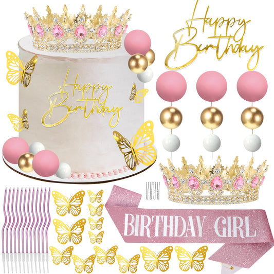 AMZVALU Crown & Birthday Sash for Women - Crown Happy Birthday Cake Topper Candles Balls Butterfly | Corona Para Pastel | Sweet Crown Decorations for Queen Princess Bride Wedding Prom (Gold, Pink)