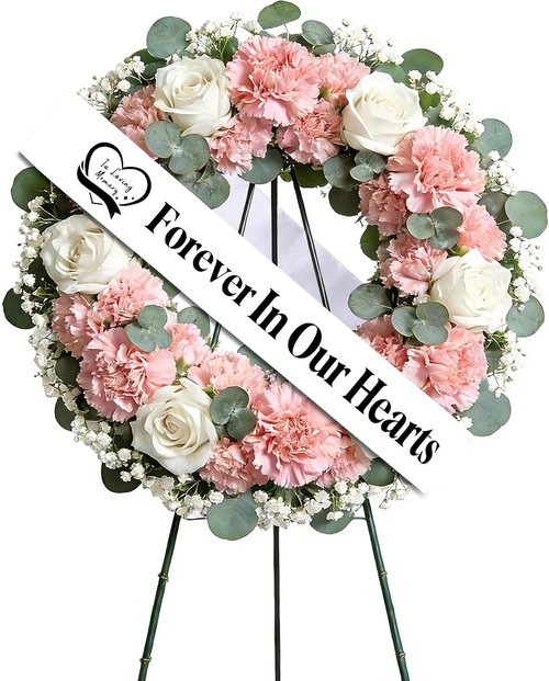 Elegant Funeral Wreath Sash - Forever in Our Hearts Memorial Ribbon for Graves & Wreaths (White)