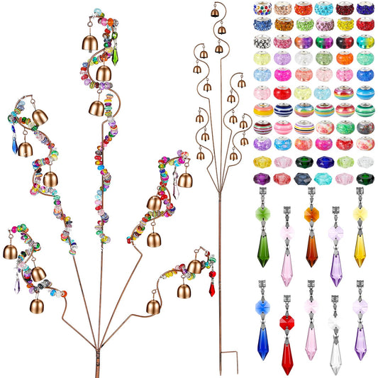 Tondiamo Garden Bells DIY Kit, Bead Art Yard Decoration Tree 300 Colored Beads 10 Sparkling Crystal Pendants 10 Iron Wires 1 Large Bronze Garden Stakes with Bells for Outdoor Yard Decoration