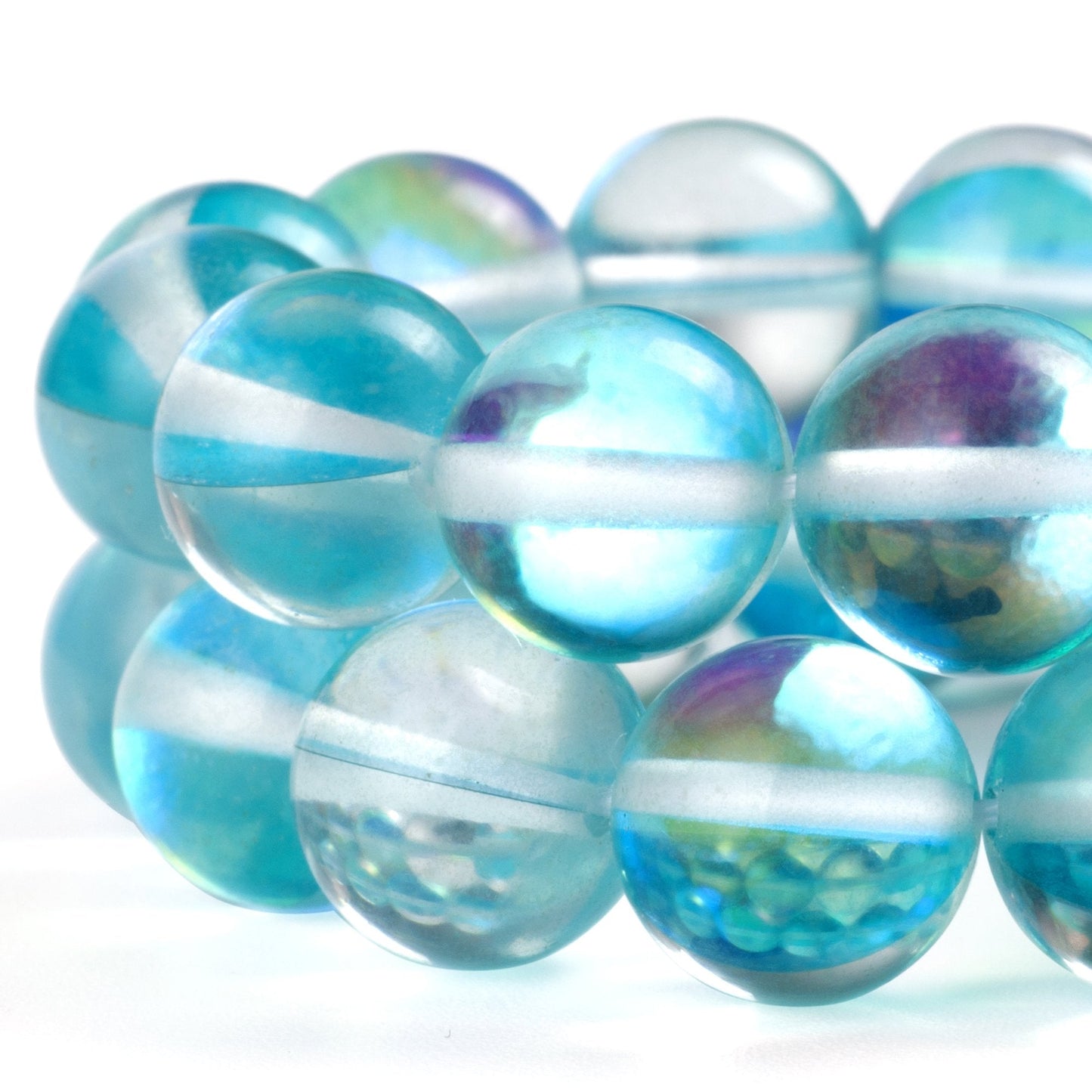 RUBYCA Round Moonstone Crystal Glass Beads Aura Iridescent for Jewelry Making (1 Strand, 8mm, Blue)