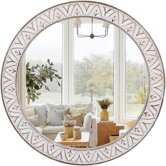 Fuxuiwy Rustic Round Wood 36 Inch Farmhouse Mirror, Wall Mount, Framed, White, Flower White, Modern & Rustic Style, Decorative Wall Mirror for Living Room, Bedroom, Entryway, Bathroom