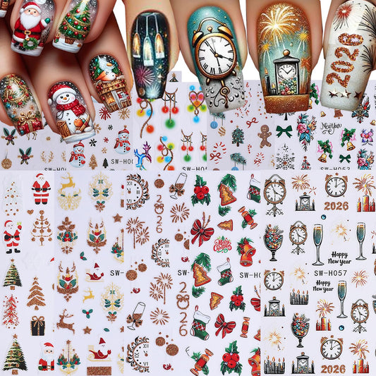 10 Sheets Christmas Nail Stickers for Nail Art, 3D Self-Adhesive New Year Nail Decals, Bell Trees Nail Supplies Nail Art Design Accessories for Women and Girls Manicure DIY Decoration
