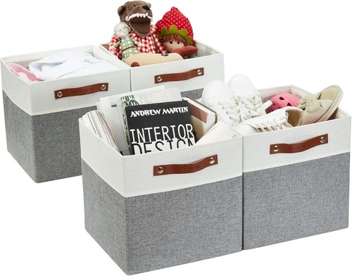 DECOMOMO Fabric Cube Storage Bins - Stylish Grey & White Storage Baskets for Kallax | 11-Inch Cube - 4 Pack