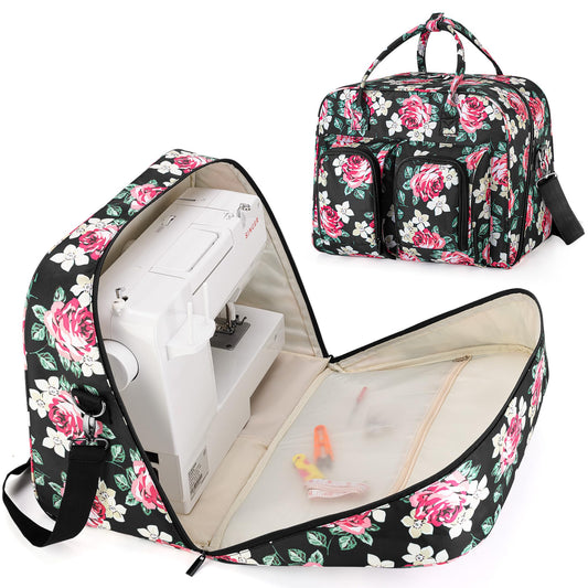 Teamoy Sewing Machine Carrying Case, Sewing Machine Tote with Bottom Wooden Board Pad for Most Standard Sewing Machines and Accessories, Peony
