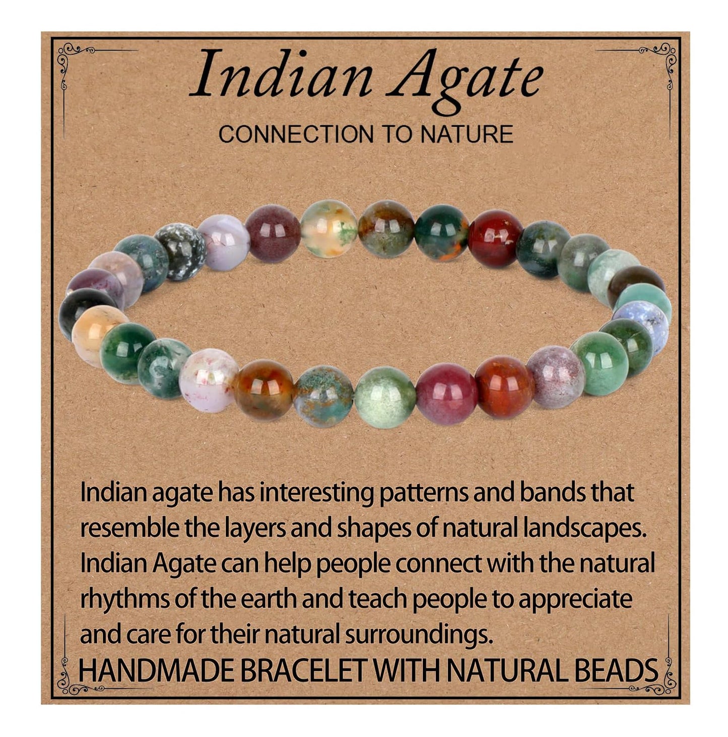 LPBeads Handmade Natural Gemstone Stretch Elastic 6mm Indian Agate Bracelet Healing Crystal Round Stone Beads Jewelry Gifts for Women Men