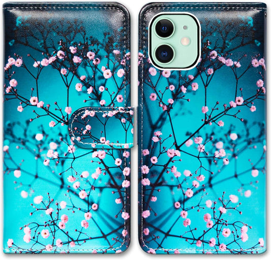 Bcov 13, 13 Case for iPhone Plum Blossom Flower Leather Flip Phone Case Wallet Cover with Card Slot Holder Kickstand