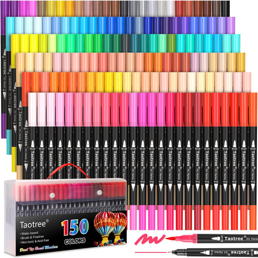 Taotree 150 Colors Dual Tip Art Markers Pens for Adult Coloring Book, Artist Fine & Brush Tip Coloring Markers Drawing Pen for Journaling Note Taking Lettering Calligraphy Craft Art Supplies Set