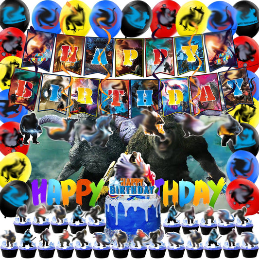 Monsters Theme Birthday Decorations, Birthday Party Decorations with Backdrop Banner, HAPPY BIRTHDAY Banner, Hanging Swirl Streamers, Latex Balloons and Cake Toppers