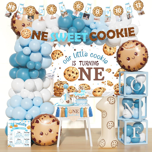 Costova Milk and Cookies 1st Birthday Decorations, 106 PCs One Sweet Cookie Birthday Supplies with Backdrop, Balloon Garland, Cake Topper, Hat for One Year Old Boy Party