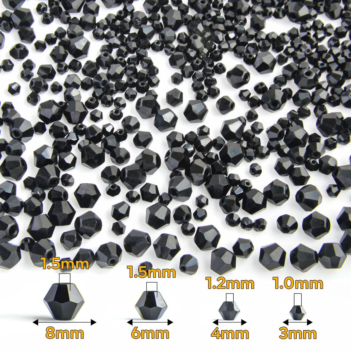 1550PCS Bicone Crystal Glass Beads Set for Jewelry Making, 3mm 4mm 6mm 8mm Sparkling Faceted Beads Sorted by Size for Bracelets, Necklaces, Suncatchers & DIY Crafts(Black)