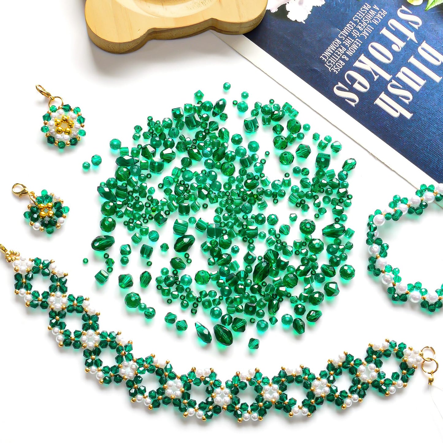 Laopottbeads 1500 Pcs Crystal Glass Beads for Jewelry Making – 12 Styles Bicone, Rondelle, Cube, Teardrop & 3mm Spacer Beads, DIY Bracelet Necklace Earring Craft Kit(Malachite Green)