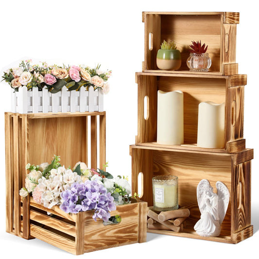 CroBlissful 5 Pack Wooden Crates for Display Rustic Nesting Wooden Crates Vintage Storage Farmhouse Decorative Box with Handles Handmade Container Bin for Wedding Birthday Party Display(Classic Color)