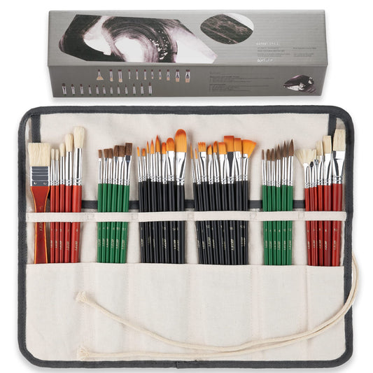 ARTIFY 41 Pieces Long Handle Paint Brushes, Expert Series, Hog Bristle, Horse Hair and Nylon Hairs Art Set Includes a Carrying Canvas Roll, for Acrylic, Oil, Watercolor and Gouache