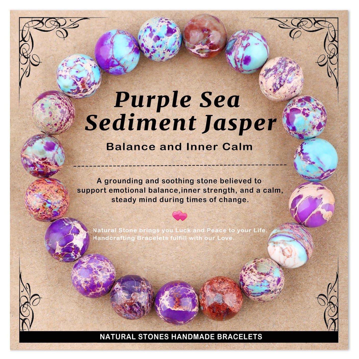 AD Beads 10mm Handmade Purple Sea Sediment Imperial Jasper Elastic Bracelet – Natural Gemstone for Joy & Positivity – Meditation, Yoga, Healing and Energy Gift for Men Women