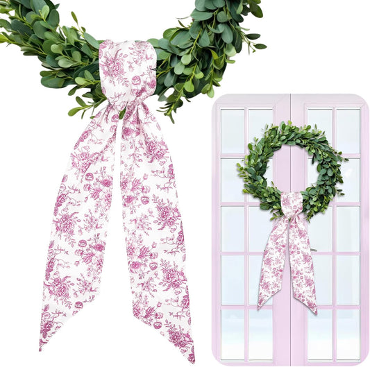 Whaline Pink Flower Wreath Sash - Chinoiserie Floral Garland Ribbon for Holiday Home Decor | 2 Pcs