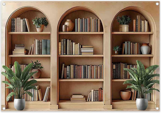 YCUCUEI 7x5ft Fabric Arched Bookshelf Backdrop School Library Books Modern Office Plants Video Conference Photography