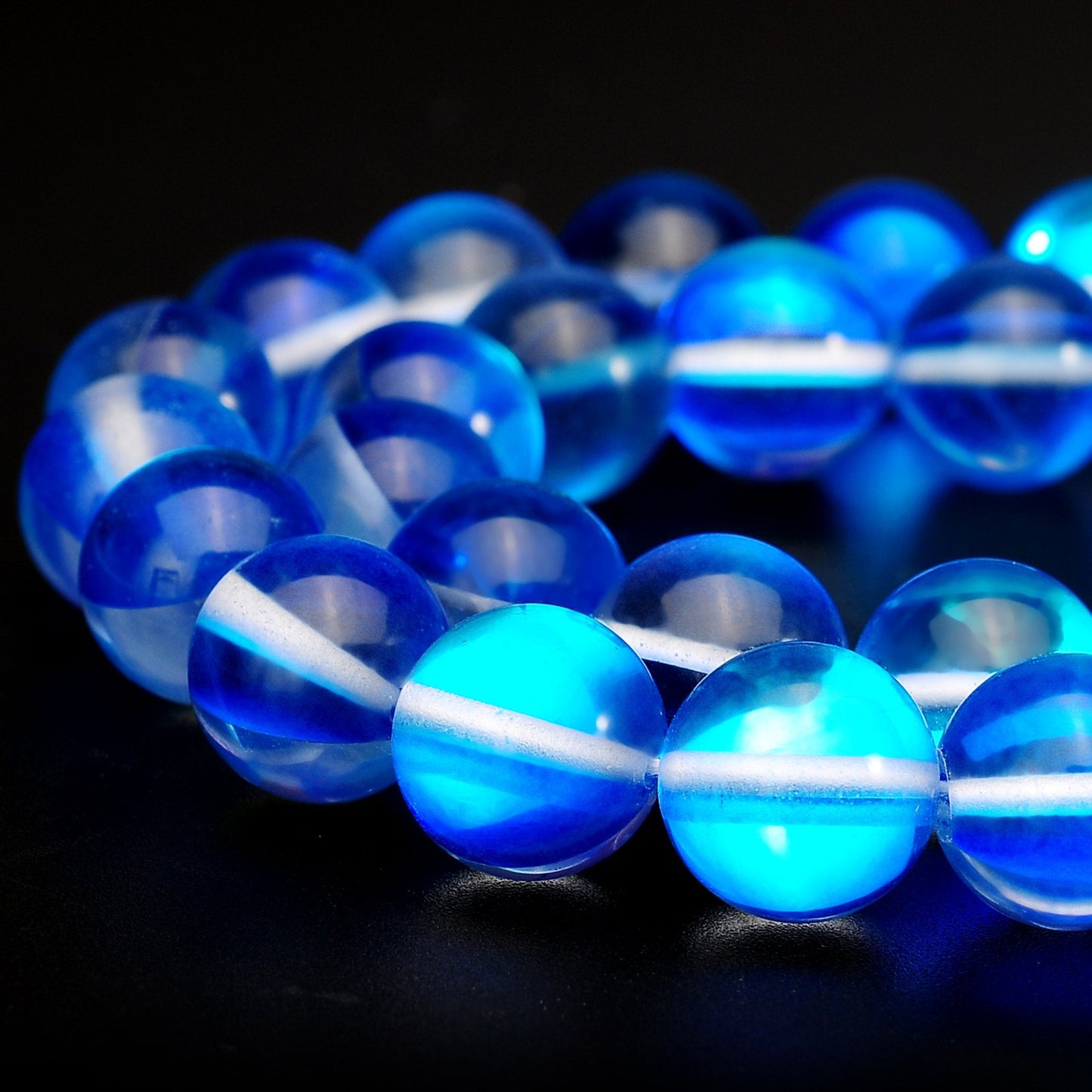 RUBYCA Round Moonstone Crystal Glass Beads Aura Iridescent for Jewelry Making (1 Strand, 12mm, Blue)