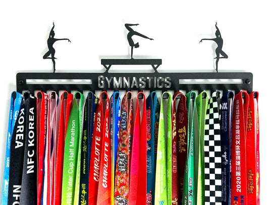 Gymnastics Medal Hanger Display, Ribbon Holder Rack, Metal Wall Mount Medal Holder Floating Shelves, 20 Easy Hang Hooks, Ribbon Display Wall Decor, Great Gift for Gymnasts, Cheerleaders (Black)