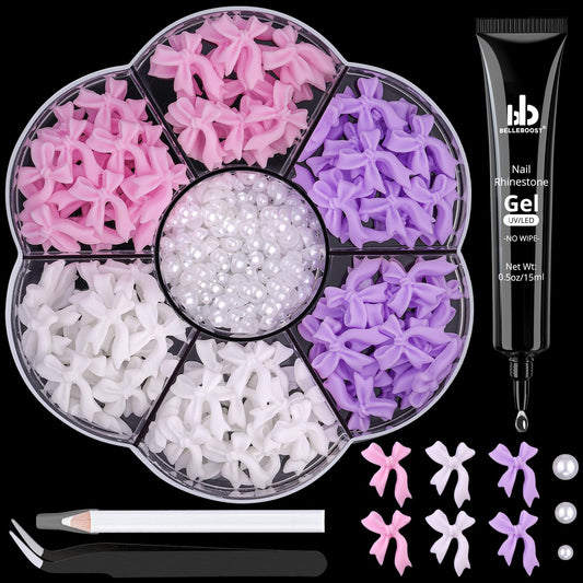 120 Pcs 3D Nail Bow Charms + 2-4mm Nail Pearls Set 9, Pink White Lilac Bow Nail Charms and White Flatback Pearls with Nail Charm Glue Gel(UV Needed) and Pickup Tools for Nail Art Decoration