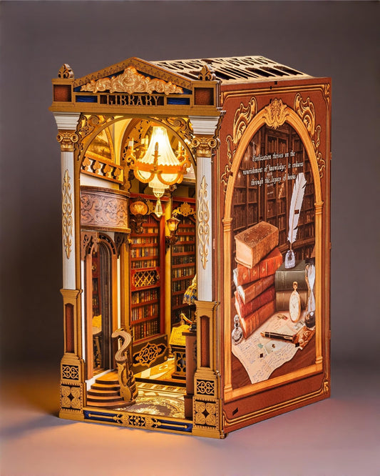 Rolife DIY Book Nook Kit - Library of Wonders 3D Wooden Puzzle | Baroque Miniature House with Grand Chandelier & Touch LED | 10.4" Bookshelf Insert Decor | Creative Gift for Adults (258 Pcs)