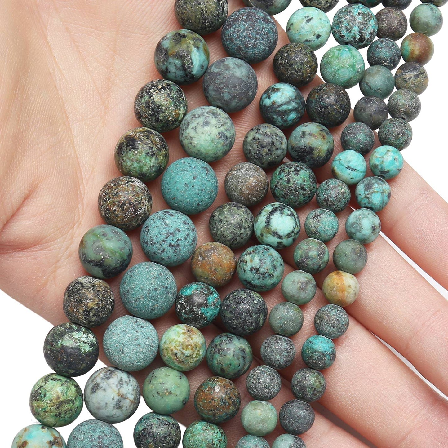 Natural Matte African Turquoise Beads, 10MM Round Frosted Unpolished Loose Gemstone Beads for Bracelet Necklace Jewelry Making, Energy Stone Healing Power with Stretch Beading Cord