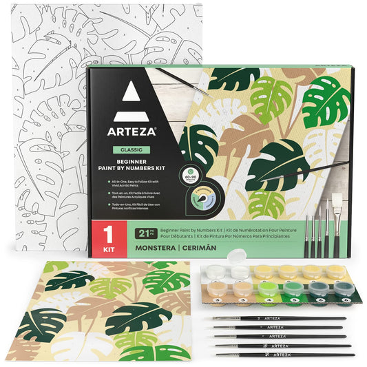 ARTEZA Paint by Numbers Kit, 12x16 Inches, 21 Pieces, Monstera Canvas Painting Kit, Canvas Panel, 12 Acrylic Paint Pots, 5 Paintbrushes, Art Supplies for a Meditative and Calming