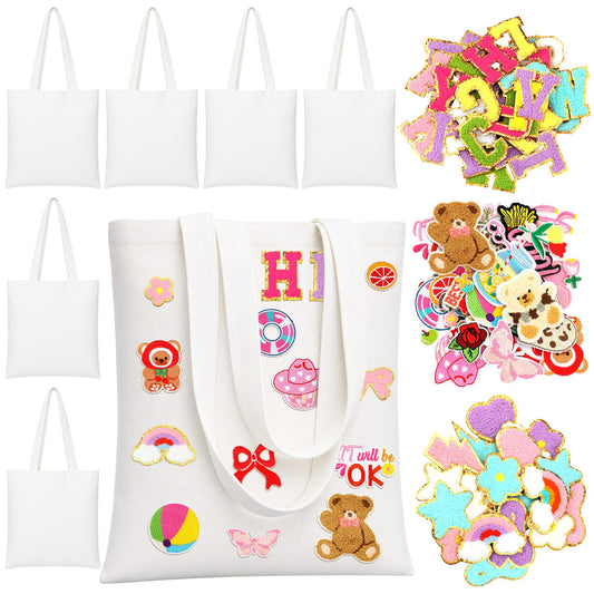 Meanplan 8 Pack DIY Canvas Tote Bag Bulk Tea Party Favors for Women with 119pcs Embroidered Patches Creative Craft Resuable Blank Canvas Bags DIY for Birthday Bachelorette Party Craft